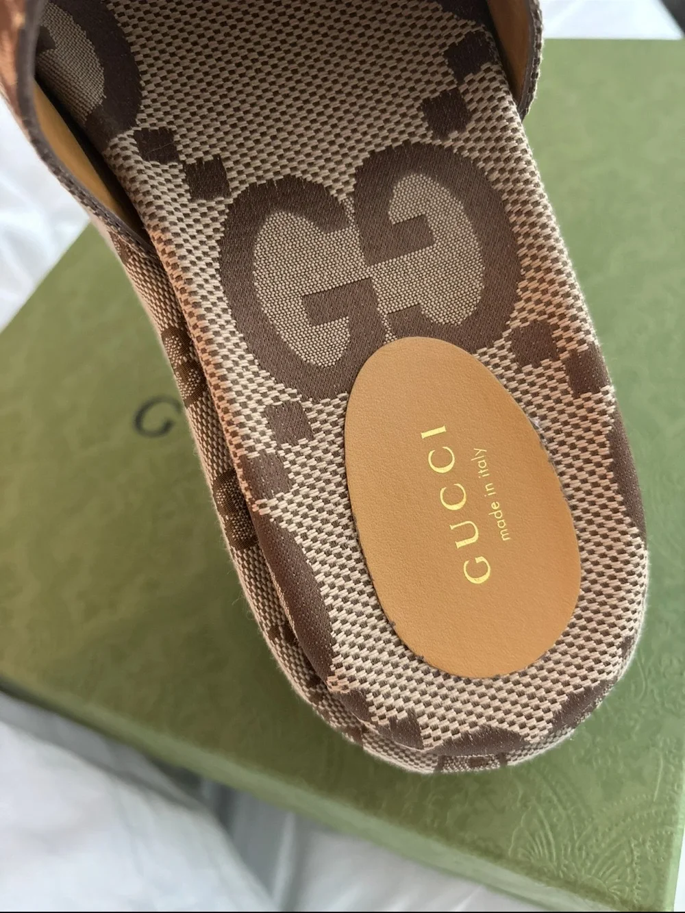 Gucci Brown Beige GG Canvas Platform Slide Sandals